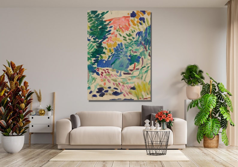May include: Abstract painting with a colorful landscape scene. The painting features a variety of colors, including blue, green, yellow, pink, and white. The brushstrokes are visible and create a textured effect. The painting is framed and ready to hang.