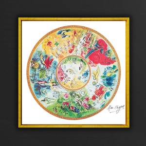 May include: A colourful circular painting with a central circle and a swirling outer ring. The painting features a variety of figures, animals, and objects, including birds, fish, and a house. The artist's signature, "Marc Chagall", is visible in the bottom right corner.