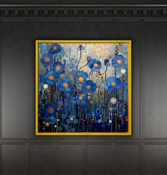 Gustav Klimt Blue Floral Art Canvas Print,gustav Klimt Floral Art