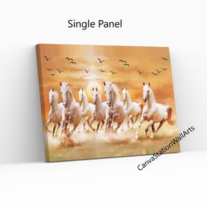 May include: A painting of seven white horses running through a field with a sunset in the background. The horses are running in a line, and there are birds flying in the sky above them.