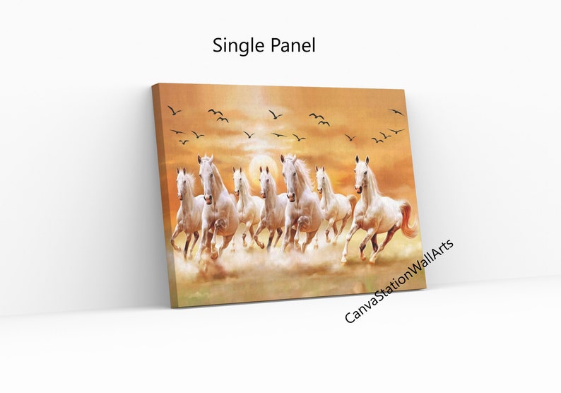May include: A painting of seven white horses running through a field with a sunset in the background. The horses are running in a line, and there are birds flying in the sky above them.