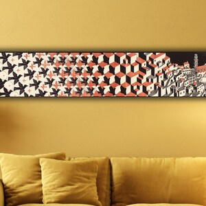 May include: A long, rectangular art print featuring a black and white tessellation of birds morphing into a red and white geometric pattern, transitioning to a detailed illustration of a town with red-roofed buildings.