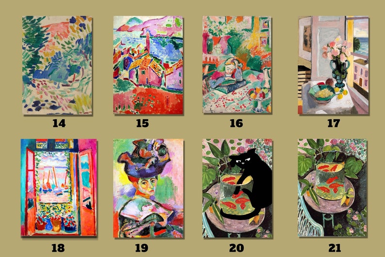 May include: A collection of 8 colorful paintings in a grid format. The paintings are all different styles and feature various subjects, including landscapes, still lifes, and portraits.
