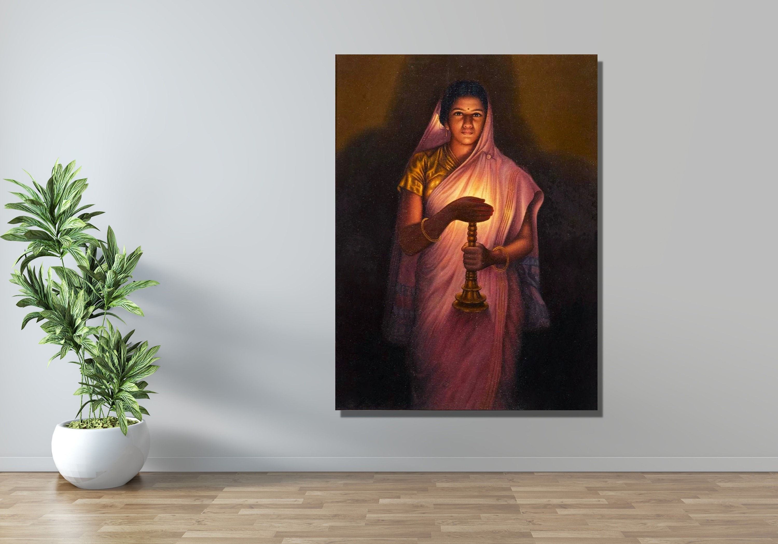 Glow Of Hope by Raja Ravi Varma Paintings,Lady With The Lamp Poster Canvas Wall Art,Lady With The Lamp Print,Indian Painting Canvas Wall Art