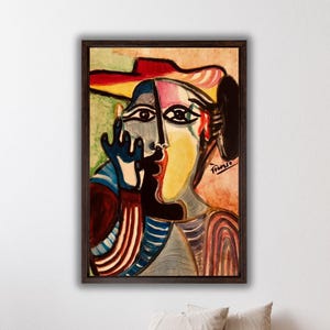 Pablo Picasso Abstract Face Woman Poster Print Canvas Wall Art,Femme au béret et à la robe quadrillée,Pablo Picasso Artworks Wall Art Decor