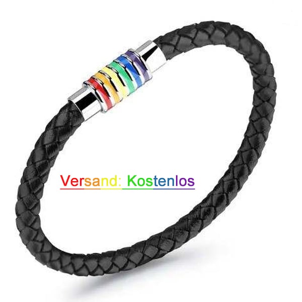 LGBTQ Pride schwarzes geflochtenes Armband aus PU Leder mit Edelstahl Magnetverschluss Regenbogen Homosexuell Loveparade CSD Gay Lesbien