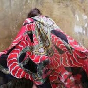 Könnte beinhalten: Ein schwarzer Seidenschal mit einem roten und goldenen Drachenmuster. Der Drache ist im traditionellen japanischen Stil mit aufwendigen Details dargestellt.