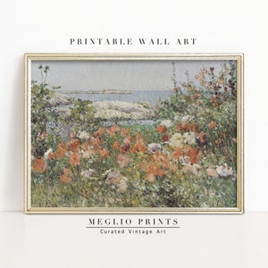 Muted - Floral Sea Landscape Painting, Neutral Vintage Art Prints, Printable Wall Art, Seaside Coastal Wildflower Scenery, Digital Download