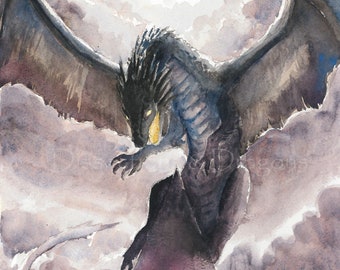 Drucktitel: "Turmdrache", Drache auf einem Turm Aquarellmalerei, Fantasy Kunstdruck, Geschenkideen für Fantasy Liebhaber