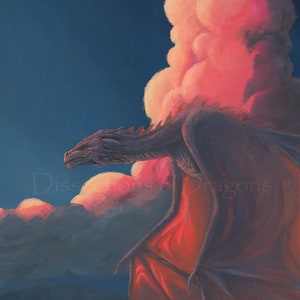 May include: A purple dragon with red wings soars through a pink and blue sky. The dragon is looking to the right of the image. The text "Dissonance & Dragons" is visible in the lower right corner of the image.