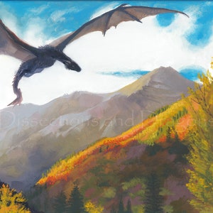 May include: A black dragon flies over a mountain range with autumn foliage. The sky is blue with white clouds.