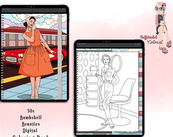 50s Bombshell Beauties, 15 Designs, Hyperlinked Digital Coloring Book, For Use With GoodNotes, Notability, and Noteshelf