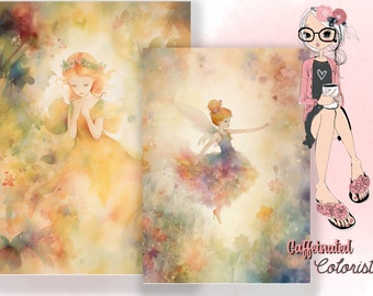 Reverse Coloring Pages, Fairies and Flowers Vol 2. Water Color Art, Doodle In Color, Draw, and Trace, Sketch Book, Printable PDF, Digital