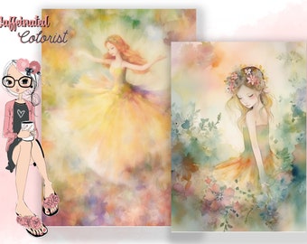 Reverse Coloring Pages, Fairies and Flowers Vol 3. Water Color Art, Doodle In Color, Draw, and Trace, Sketch Book, Printable PDF, Digital