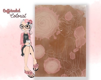 Backwards Adult Coloring Pages, Coffee Girls, Water Color Art, Doodle In Color, Draw and Trace, Sketch Book, Printable PDF, Digital