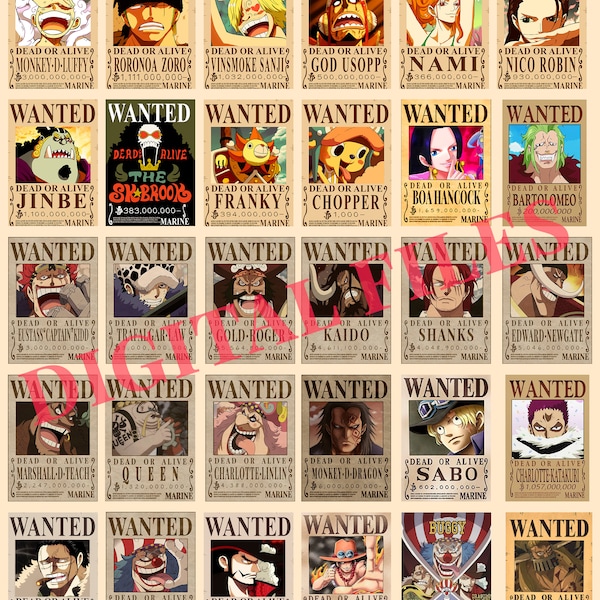 One Piece / 30 Wanted Poster / T-shirt Print / Mug Print / Pirates / Digital Download