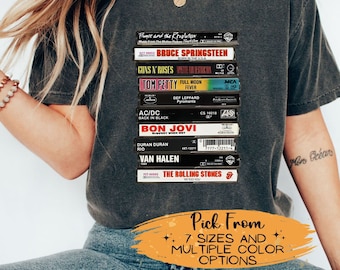 Chemise imprimée à cassettes rock, T-shirt rock des années 80, chemises à cassettes rétro, chemise de groupes de rock, musique des années 80, vieille école, cadeau de vacances, vintage