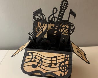 Elegant 3D pop-up Music Box Greetings, Anniversary, Wedding, Birthday Card, handmade with die-cut elements.