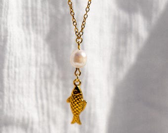 Verzauberte Fisch Halskette, Mermaidcore Accessoires, Echte Perlenschmuck, Beachy Summer Edelstahl