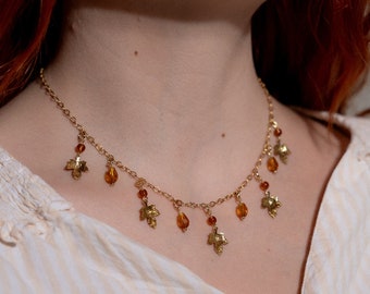 Autumn Leaf Necklace, Whimsigoth Fall Charm Necklace, Golden Drop Cottagecore Jewelry