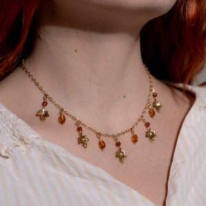 Falling Leaves Necklace, Whimsigoth Fall Charm Necklace, Golden Drop Cottagecore Jewelry