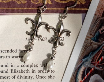 Joan of Arc Earrings, Medival Jewelry, Fleur De Lis Pearl Drop Earrings, Knightcore Accessories