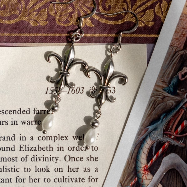 Joan of Arc Earrings, Medival Jewelry, Fleur De Lis Pearl Drop Earrings, Knightcore Accessories