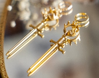 Once and Future King, Arthur Pendragon Sword Earrings, Knightcore Jewelry, Golden Dangle Earrings