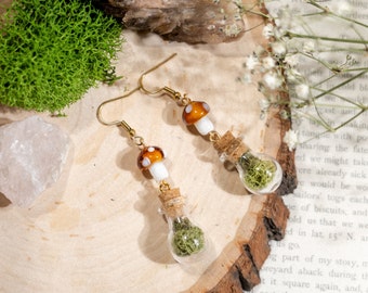 Moss Mushroom Earrings, Fairycore Earrings, Goblincore Jewlery, Charm Earrings, Ghibli Inspired, Cottagecore Earrings, Moss Bottle Earrings