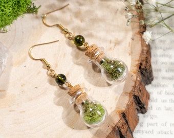 Woodland Moss Bottle Earrings, Fairycore Earrings, Goblincore Jewlery, Charm Earrings, Ghibli Inspired, Cottagecore Earrings, Real Moss