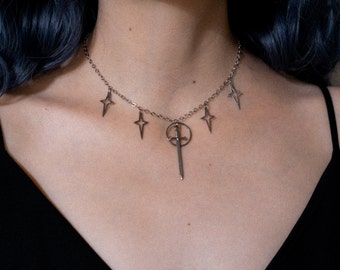 Celestial Elven Sword Necklace, Stainless Steel Chain Necklace, Knightcore Jewelry, Gothic Jewelry Set, Dark Academia, Bookish Gift