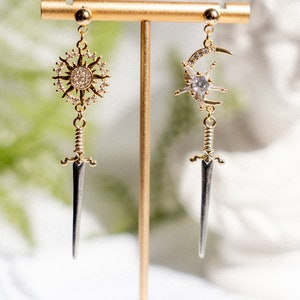 Brienne of Tarth Earrings, GoT Tarth Crest Sword Earrings, Knightcore Jewelry, Golden Sun Moon Dangle Earrings image 2