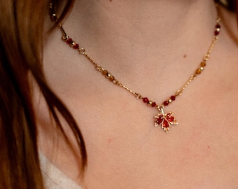 Frankenstein Leaf Necklace: Gold-Plated Cubic Zirconia Pendant, Autumn Necklace