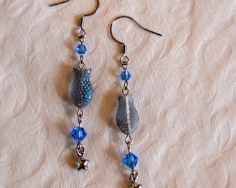Silver Ponyo Fish Dangle Earrings, Ghibli Inspired, Glass Beads