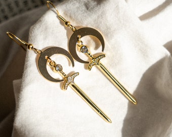 Celestial Sword Earrings, Dainty Sword Earrings, Crescent Moon Earrings, Knightcore Earrings, Golden Dangle Earrings, Aesthetic Earrings