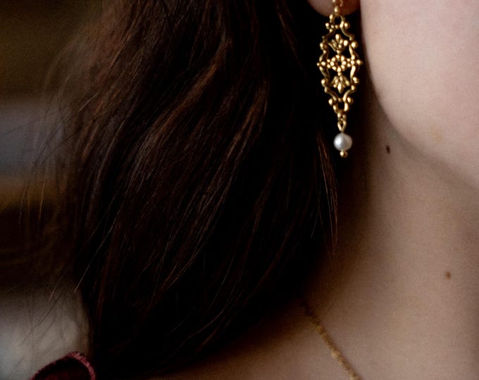 Queen Guinevere Earrings: Freshwater Pearl Filigree, Arthurian Legend