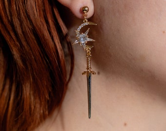 Brienne of Tarth Earrings, GoT Tarth Crest Sword Earrings, Knightcore Jewelry, Golden Sun Moon Dangle Earrings