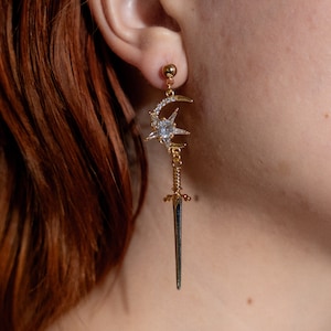 Brienne of Tarth Earrings, GoT Tarth Crest Sword Earrings, Knightcore Jewelry, Golden Sun Moon Dangle Earrings
