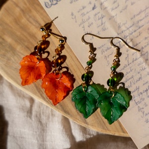 Cottagecore Leaf Earrings: Gold Plated, Glass Bead Charm