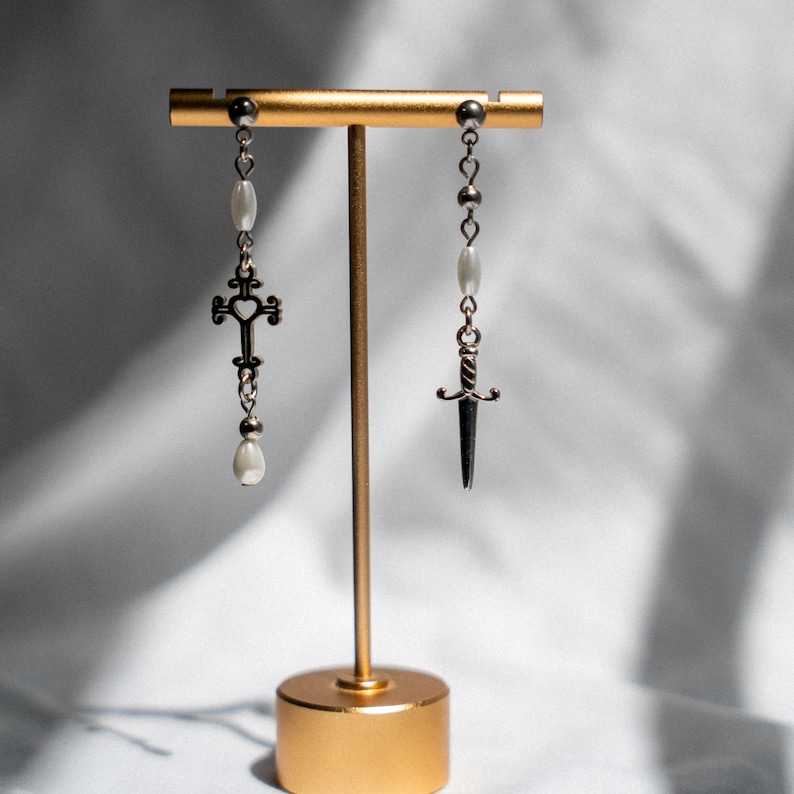 Take Me to Church inspired Earrings, Dark Academia Jewelry, Cross Pearl Drop Earrings, Knightcore Accessories, Asymmetrical Mismatch image 8