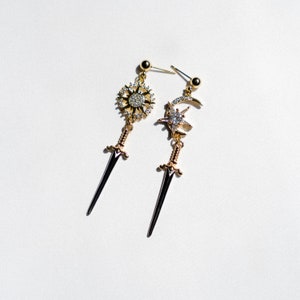 Brienne of Tarth Earrings, GoT Tarth Crest Sword Earrings, Knightcore Jewelry, Golden Sun Moon Dangle Earrings image 8