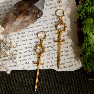 Once and Future King, Arthur Pendragon Sword Earrings, Knightcore Jewelry, Golden Dangle Earrings image 2