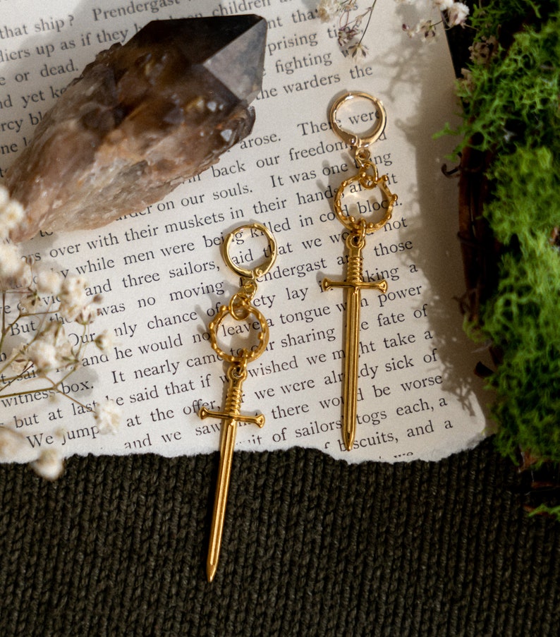 Once and Future King, Arthur Pendragon Sword Earrings, Knightcore Jewelry, Golden Dangle Earrings image 2
