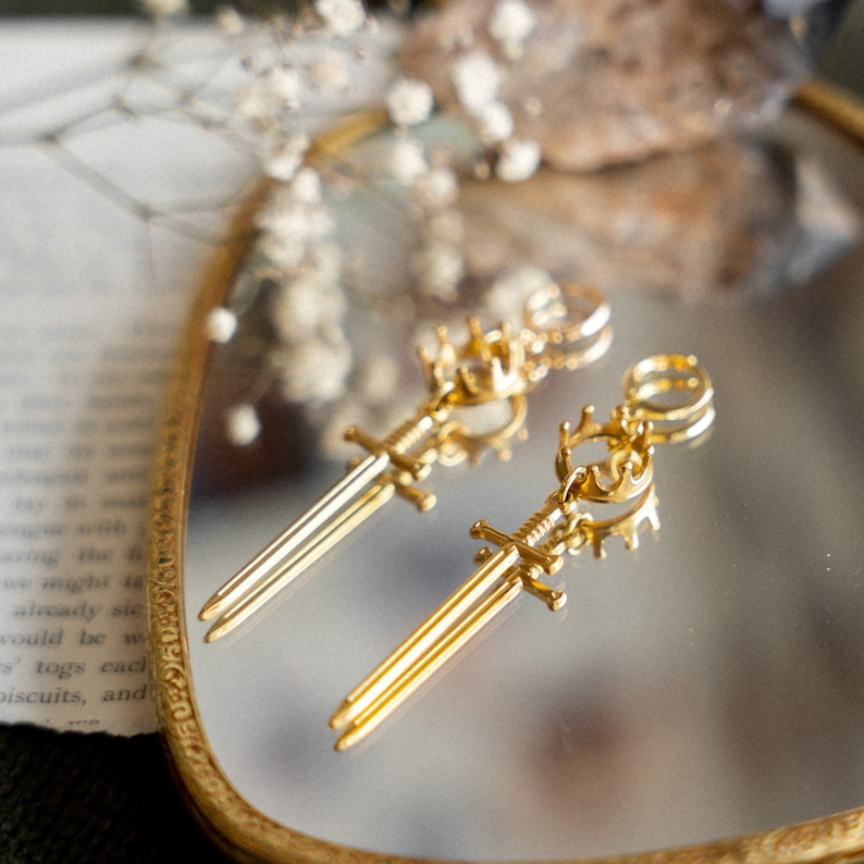 Once and Future King, Arthur Pendragon Sword Earrings, Knightcore Jewelry, Golden Dangle Earrings image 1