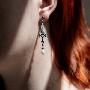 Take Me to Church inspired Earrings, Dark Academia Jewelry, Cross Pearl Drop Earrings, Knightcore Accessories, Asymmetrical Mismatch image 2