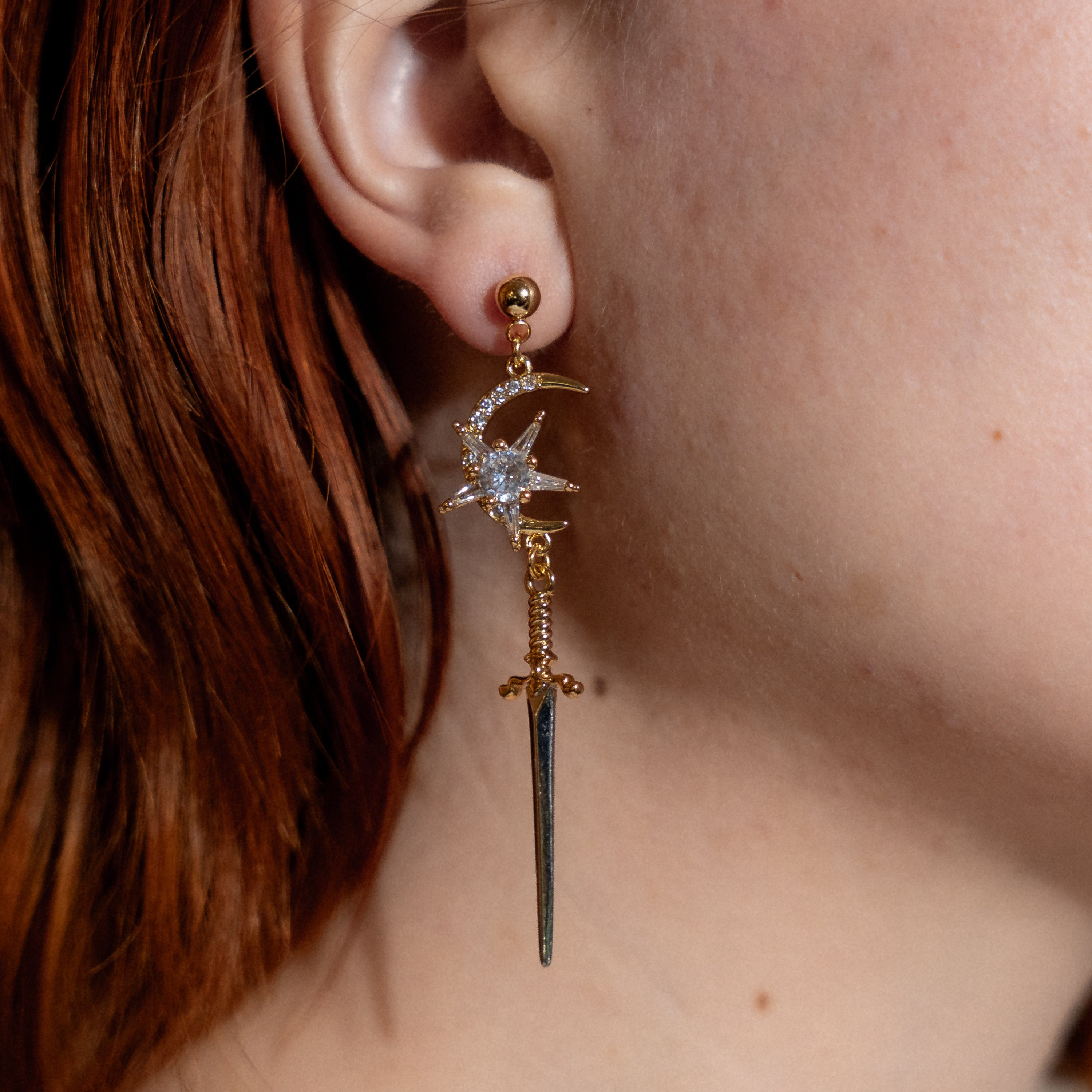 Brienne of Tarth Sun Moon Sword Dangle Earrings: 18k Gold Plated