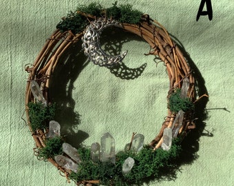 small crystal fairy wreath, fairycore home decor, cottagecore wall art, mini moss wreath, goblincore