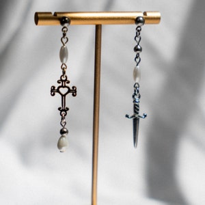 Take Me to Church inspired Earrings, Dark Academia Jewelry, Cross Pearl Drop Earrings, Knightcore Accessories, Asymmetrical Mismatch image 3