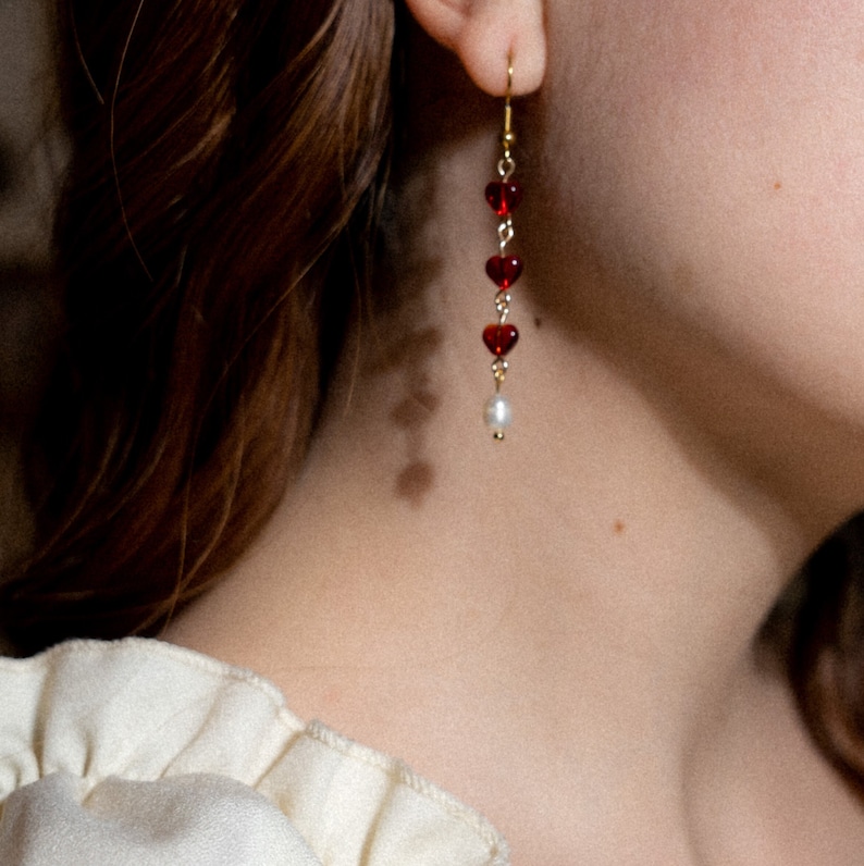 Juliet Earrings, Dainty Heart Dangle Earrings, Romantic Jewelry, Coquette Earrings, Real Pearls, Valentine's Day Gift image 1