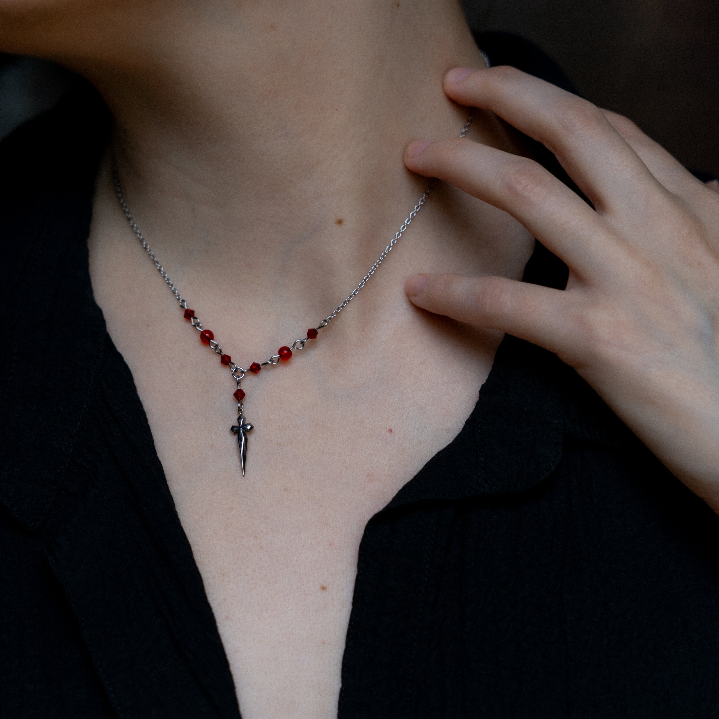 Vampire Lestat Dagger Cross Necklace, Red Glass Beads, Gothic